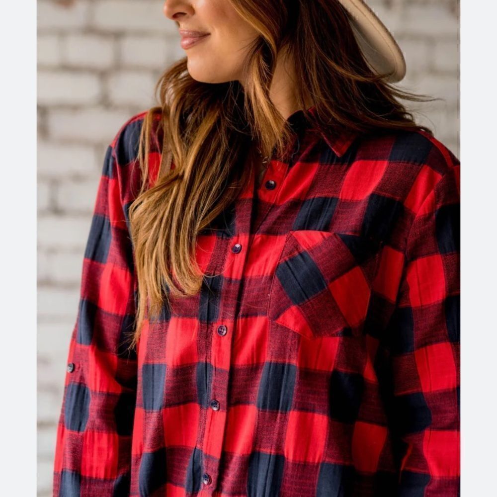 Red plaid flannel shirt cozy oversized buffalo womens xl Old Navy